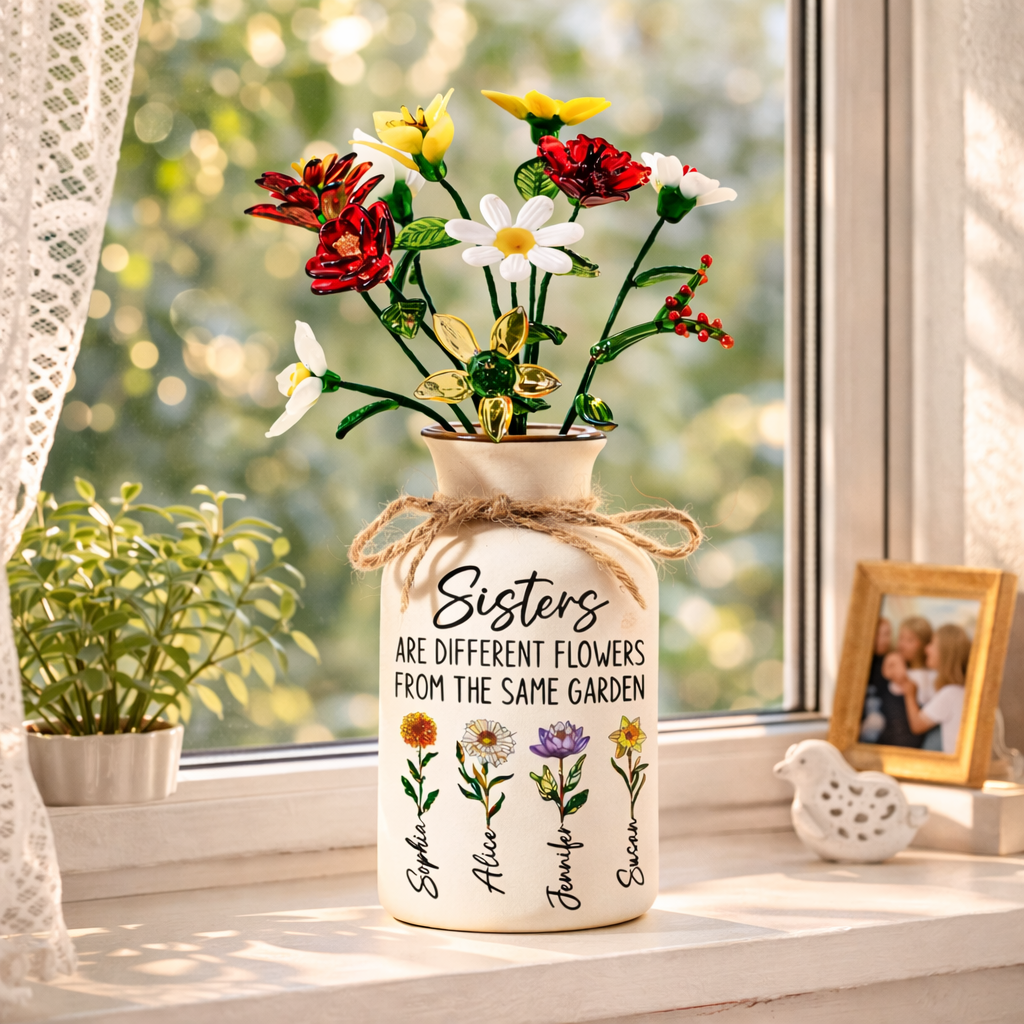Sisters Are Different Flowers - Personalized Ceramic Vase With Glass Flowers - Gift For Sisters, Siblings, Besties