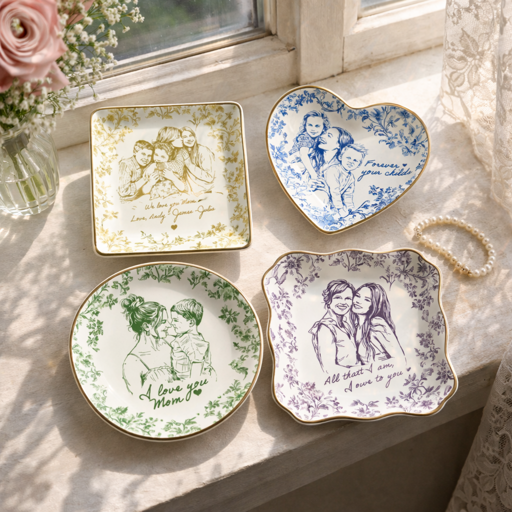 Personalized Mothers Day Photo Ring Dish, Custom Toile De Jouy Photo Jewelry Dish, Mother of the Bride Wedding Keepsake Gift from Daughter