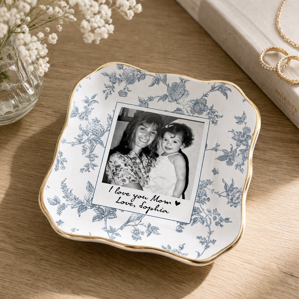 Photo Gift for Mom, Mama Birthday Gifts Jewelry Dish, Toile De Jouy Photo Trinket Tray Mother of the Bride Wedding Day Keepsake