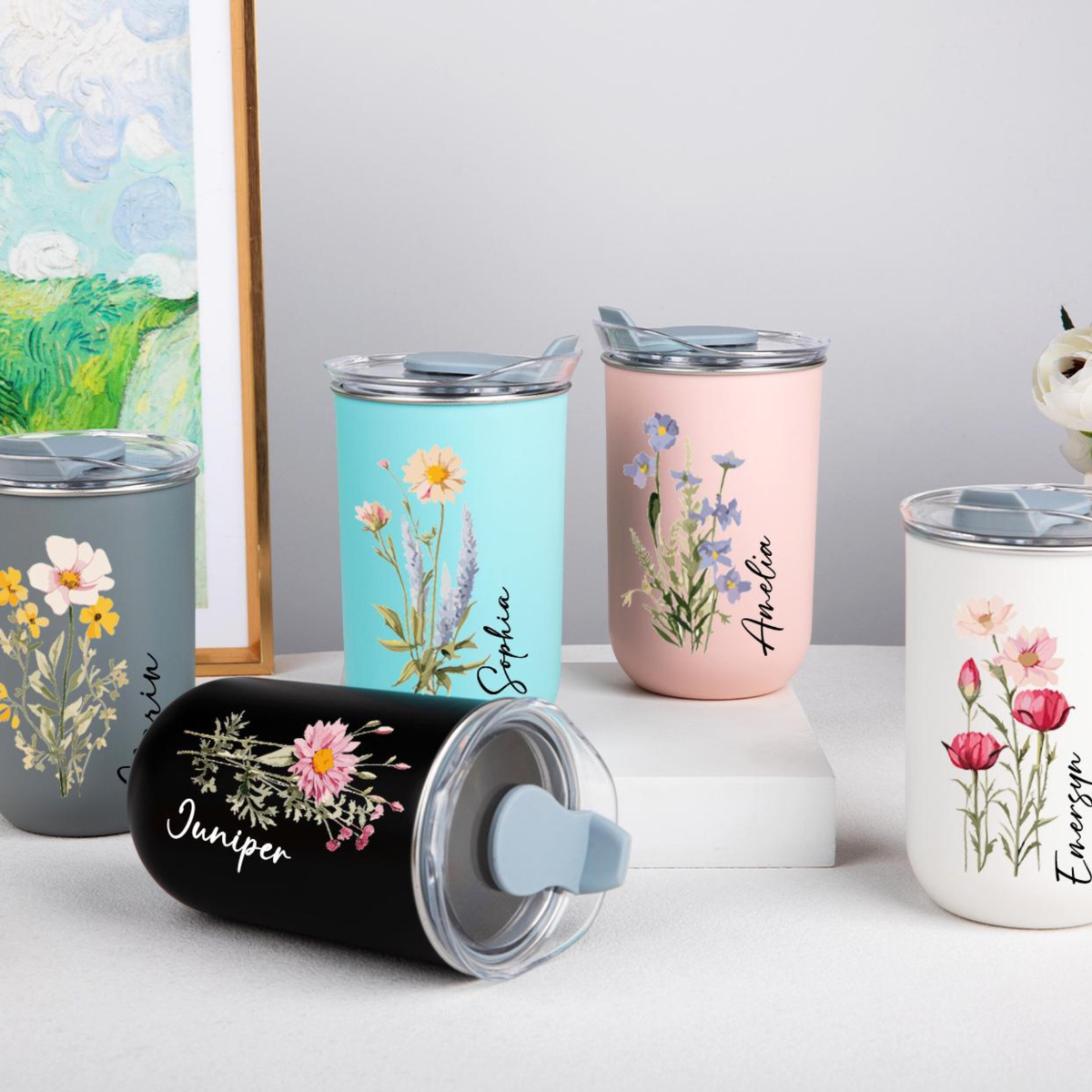 Personalized Floral Stainless Steel Tumbler, Bridesmaid Wedding Travel Cup 10oz, Gift For Her