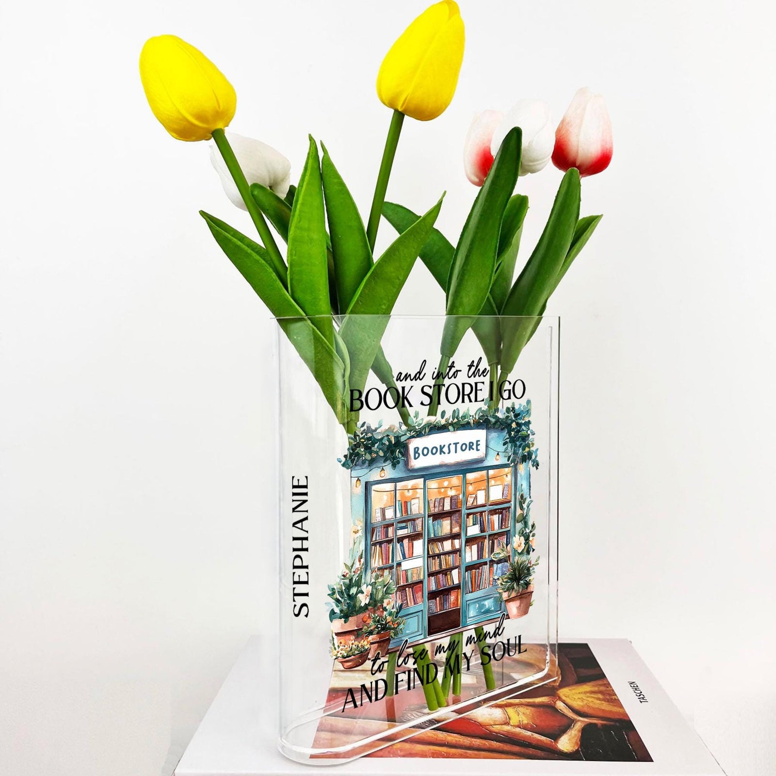 Into The Book Store I Go To Lose My Mind And Find My Soul, Book Shaped Flower Vase Gift For Book Lover Librarian Bookish, Acrylic Book Vase for Shelf Decoration
