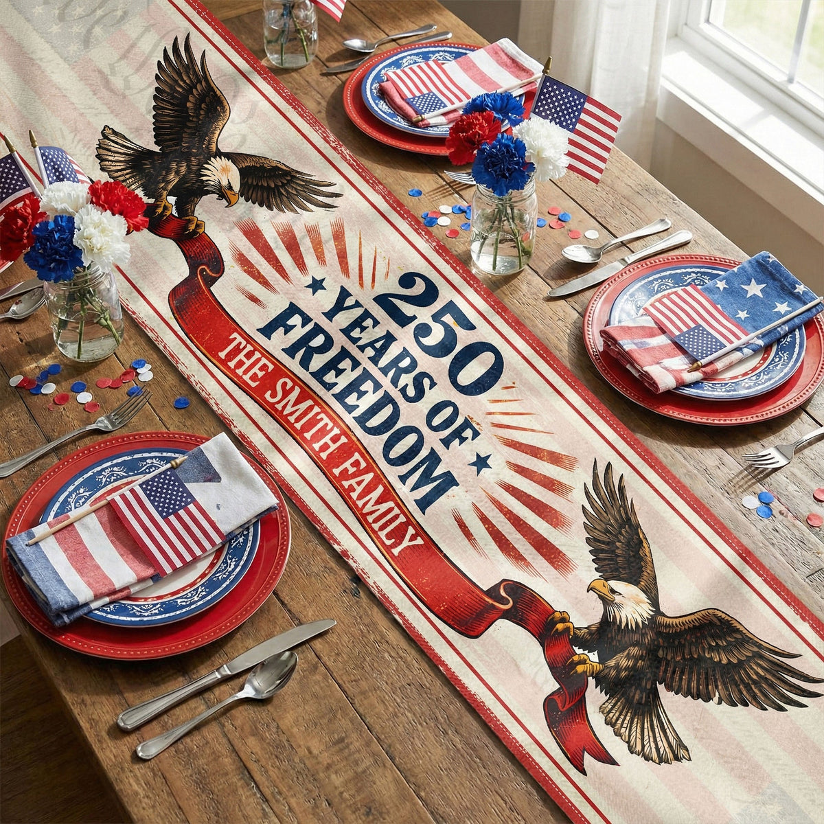 Family Names Freedom - Personalized Table Runner - 4th Of July Gift For Family, 250th Home Decoration
