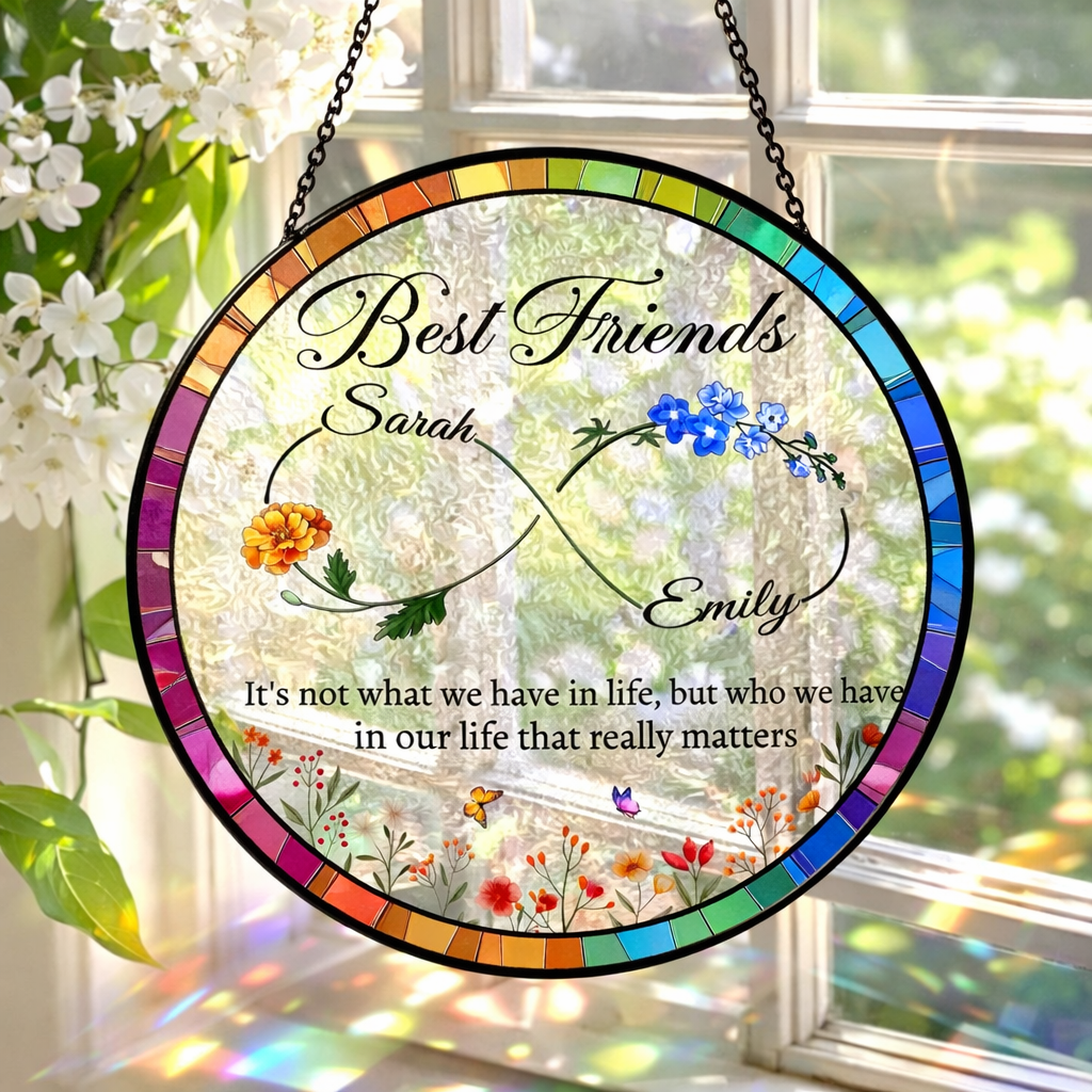 Best Friends Stained Glass Suncatcher, Personalized Best Friend Birth Month Flower, Friendship Gift, Soul Sisters Gift,Besties Birthday Gift