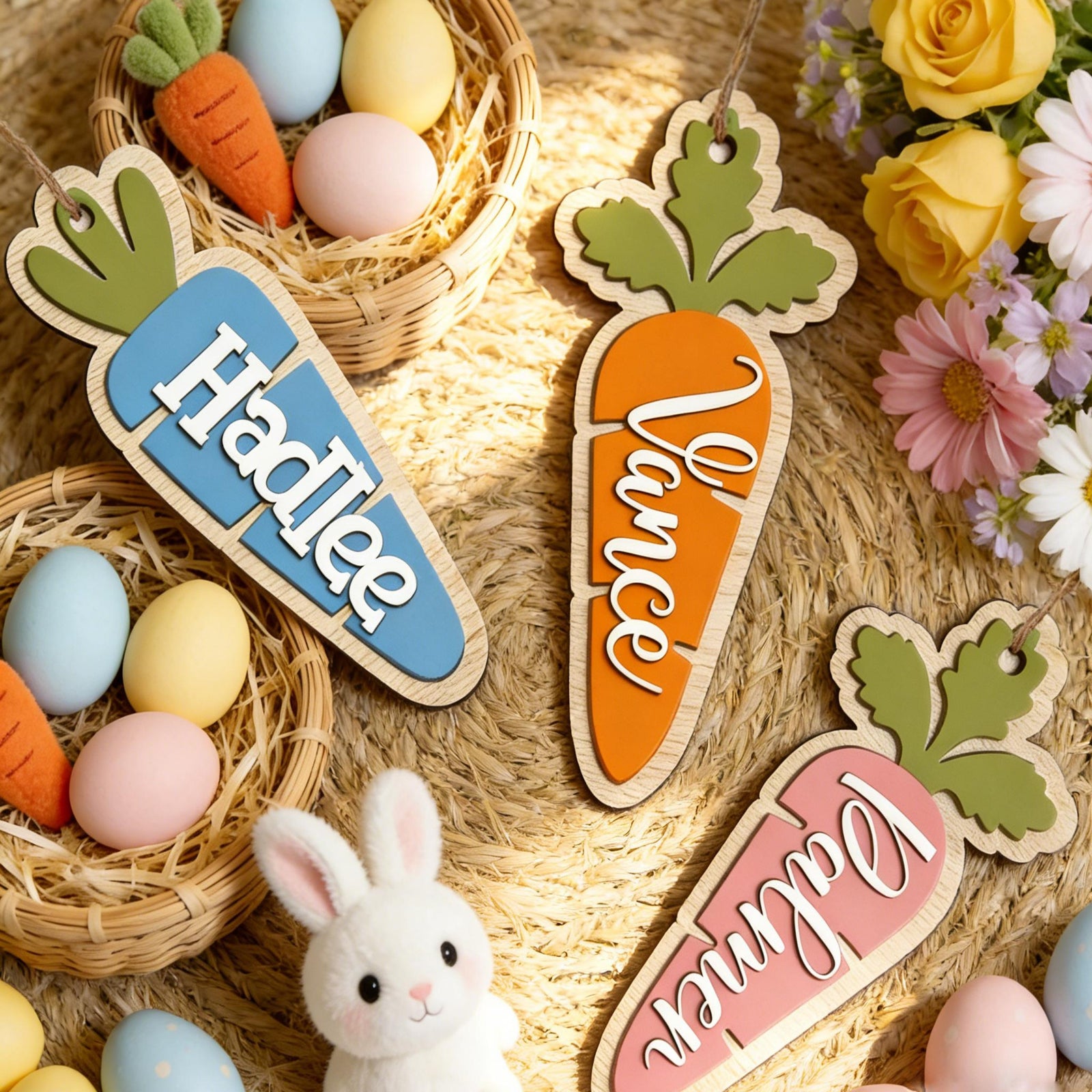Personalized Carrot Easter Basket Tags, Easter Name Tags for Grandkids, Wood Easter Bunny Tag, Easter Hunt Label, Baby Easter Gift, Spring Decor