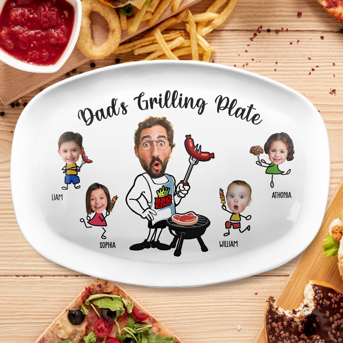 Dad's Grilling Plate Custom Kid's Face - Personalized Platter - Gift For Dad, Father's Day Gift