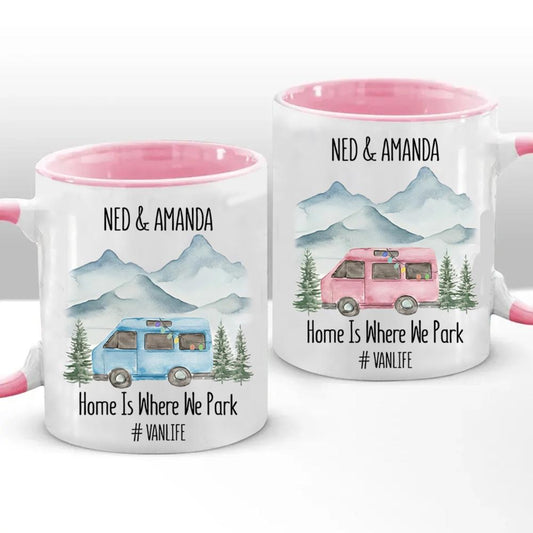 Personalized Happy Camper Mugs, Couple Camping Mugs, Van Life Mugs, Custom Names Couple Mugs, His And Hers, Home Is Where We Park Retro Van