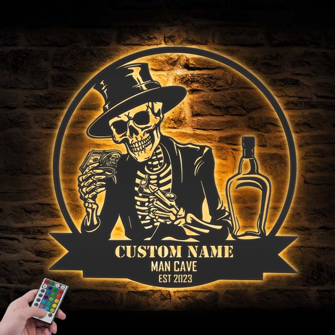 Custom Skeleton Bourbon Cigar Dollars Metal Wall Art LED Light, Personalized Whiskey Bar Pub Name Sign Decor, Man Cave Halloween Decoration