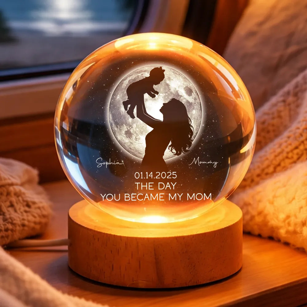 Mom Hugging Kid Under The Moon - Personalized Crystal Ball LED Night Light - Mother's Day Gift