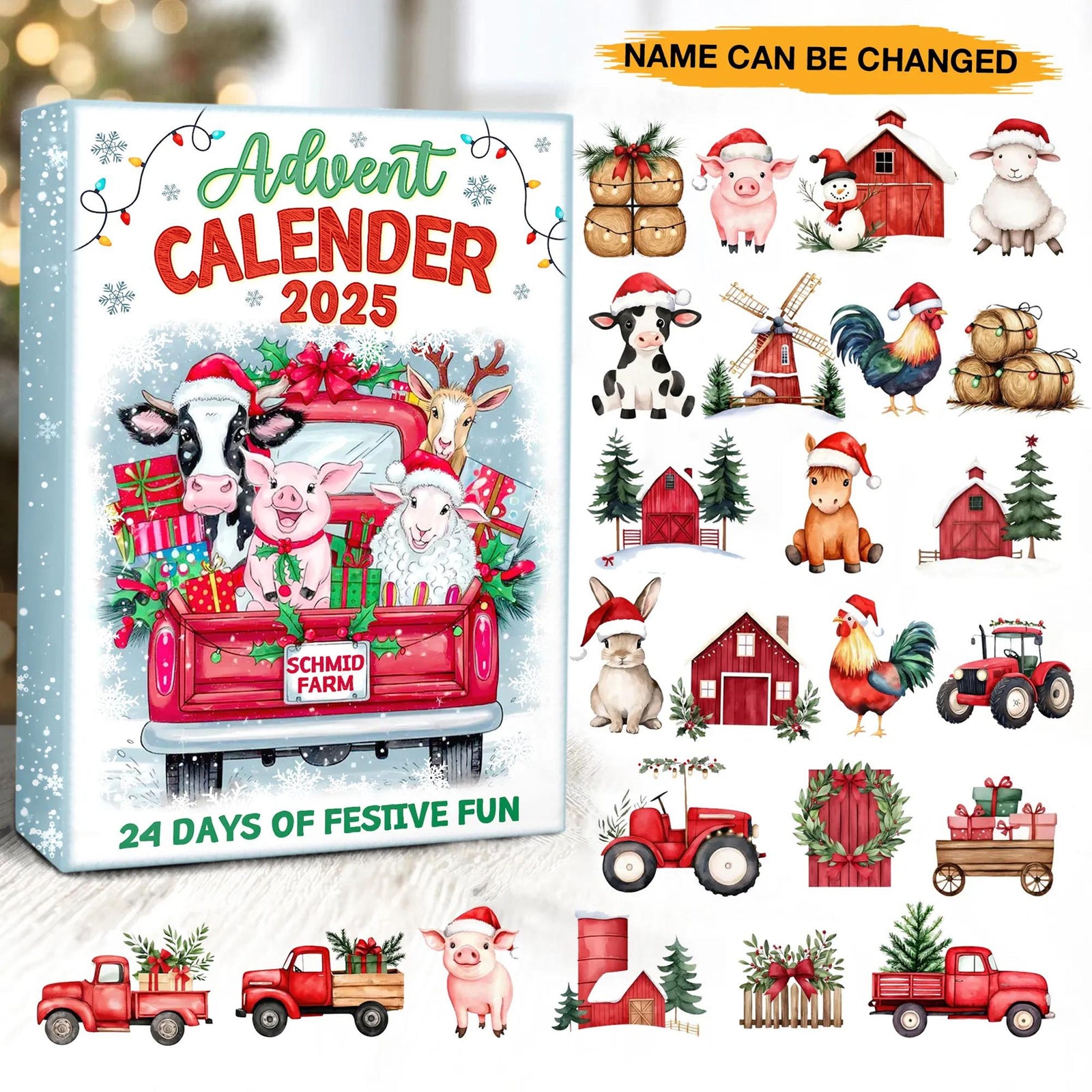 Personalized Farm Animal Advent Calendar 2025, Custom Name Christmas Countdown Box, 24 Days of Holiday Fun for Kids and Families
