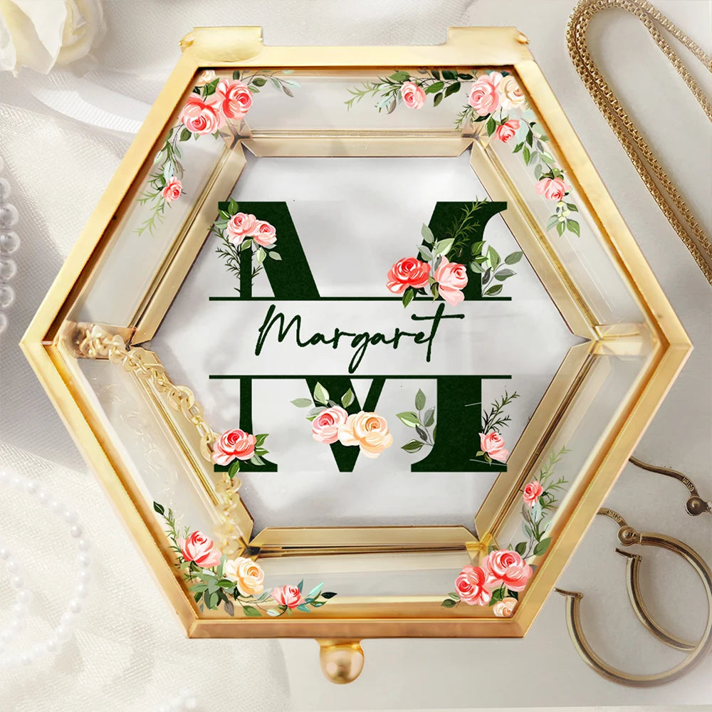Monogram Floral - Personalized Hexagonal Glass Ring Box - Gift For Mother, Grandma, Aunt, Besties, Sisters, Girlfriend