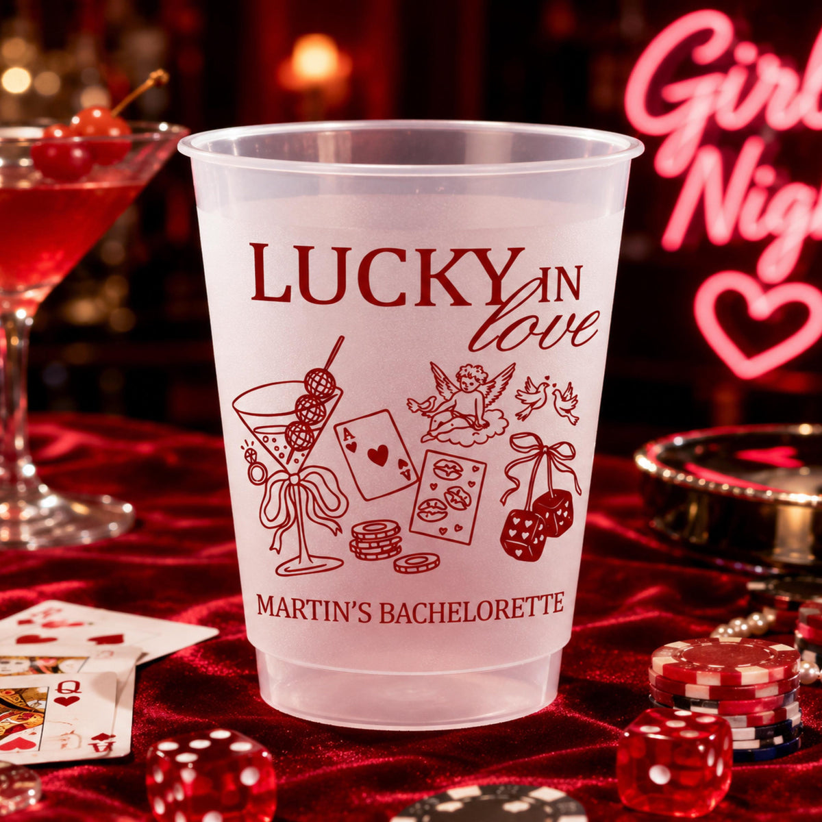 Personalized Lucky in Love Frosted Cups, Custom Las Vegas Bachelorette Party Cups, Casino Bach Weekend Favors, Vegas Girls Night Cups Favor