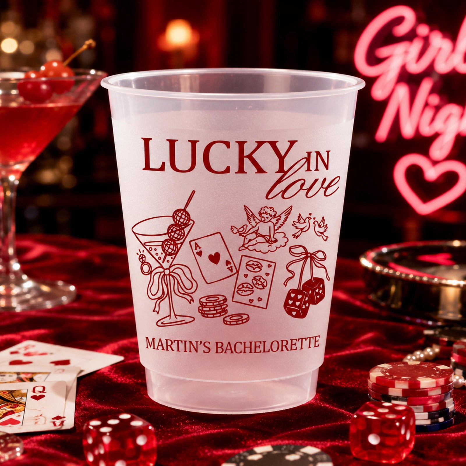 Personalized Lucky in Love Frosted Cups, Custom Las Vegas Bachelorette Party Cups, Casino Bach Weekend Favors, Vegas Girls Night Cups Favor