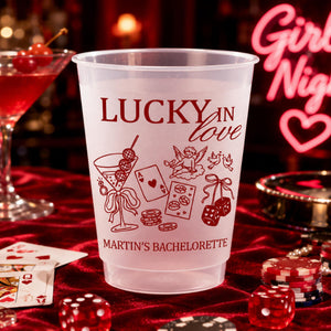 Personalized Lucky in Love Frosted Cups, Custom Las Vegas Bachelorette Party Cups, Casino Bach Weekend Favors, Vegas Girls Night Cups Favor