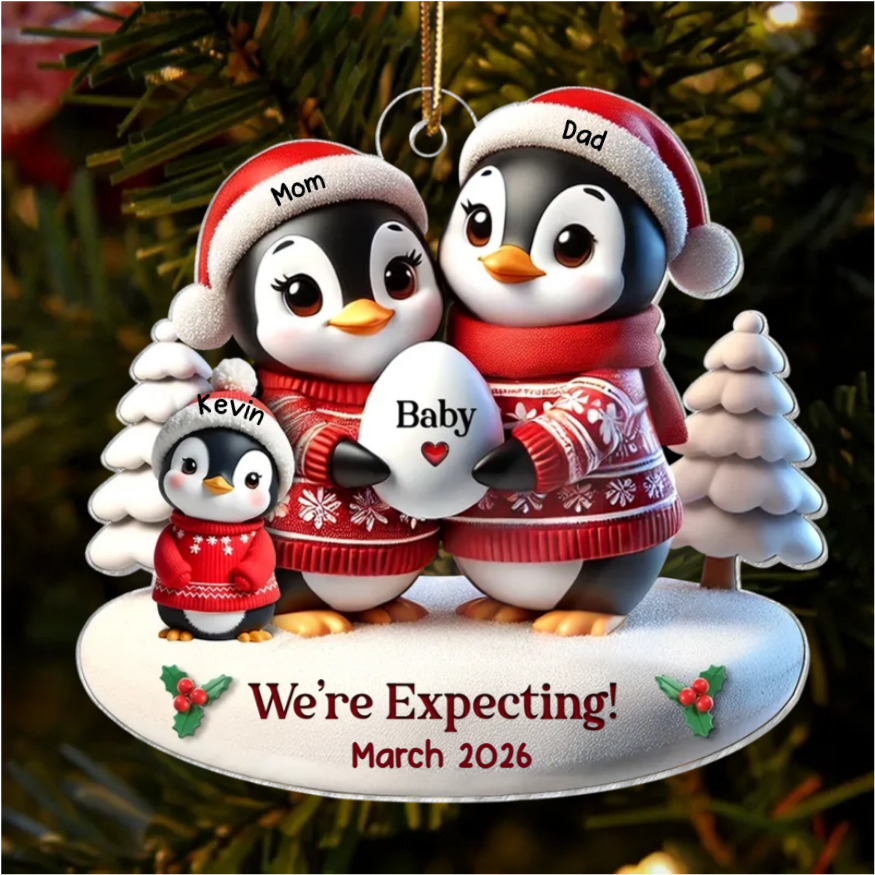 Cute Penguin Couple Expecting Parents Pregnancy - Personalized Acrylic Ornament - Christmas Gift For Family, Baby Announcement