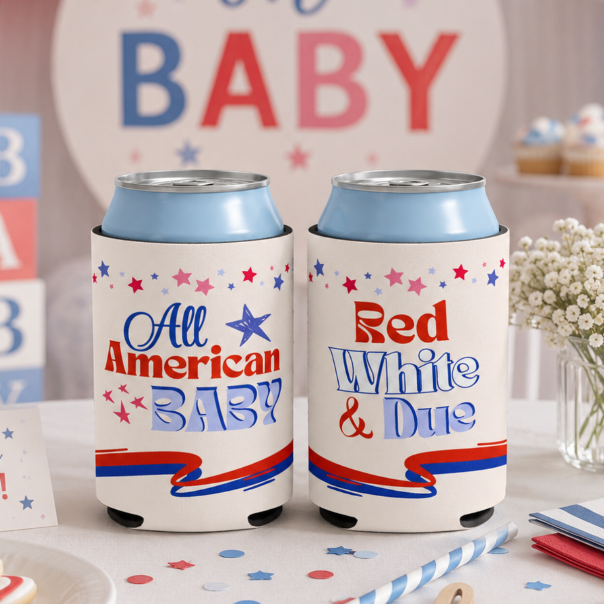 All American Baby Shower Can Cooler 4th of July Party Favor Red White and Due Gift Patriotic Baby Shower Decor American Theme Gender Reveal