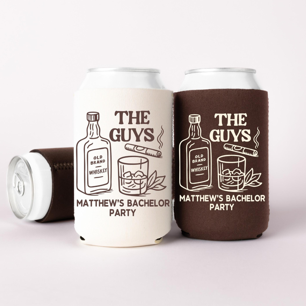 The Guys Bachelor Can Cooler - Custom Whiskey Bachelor Party Favors - Personalized Cozies in Regular and Slim Size