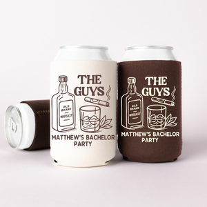 The Guys Bachelor Can Cooler - Custom Whiskey Bachelor Party Favors - Personalized Cozies in Regular and Slim Size