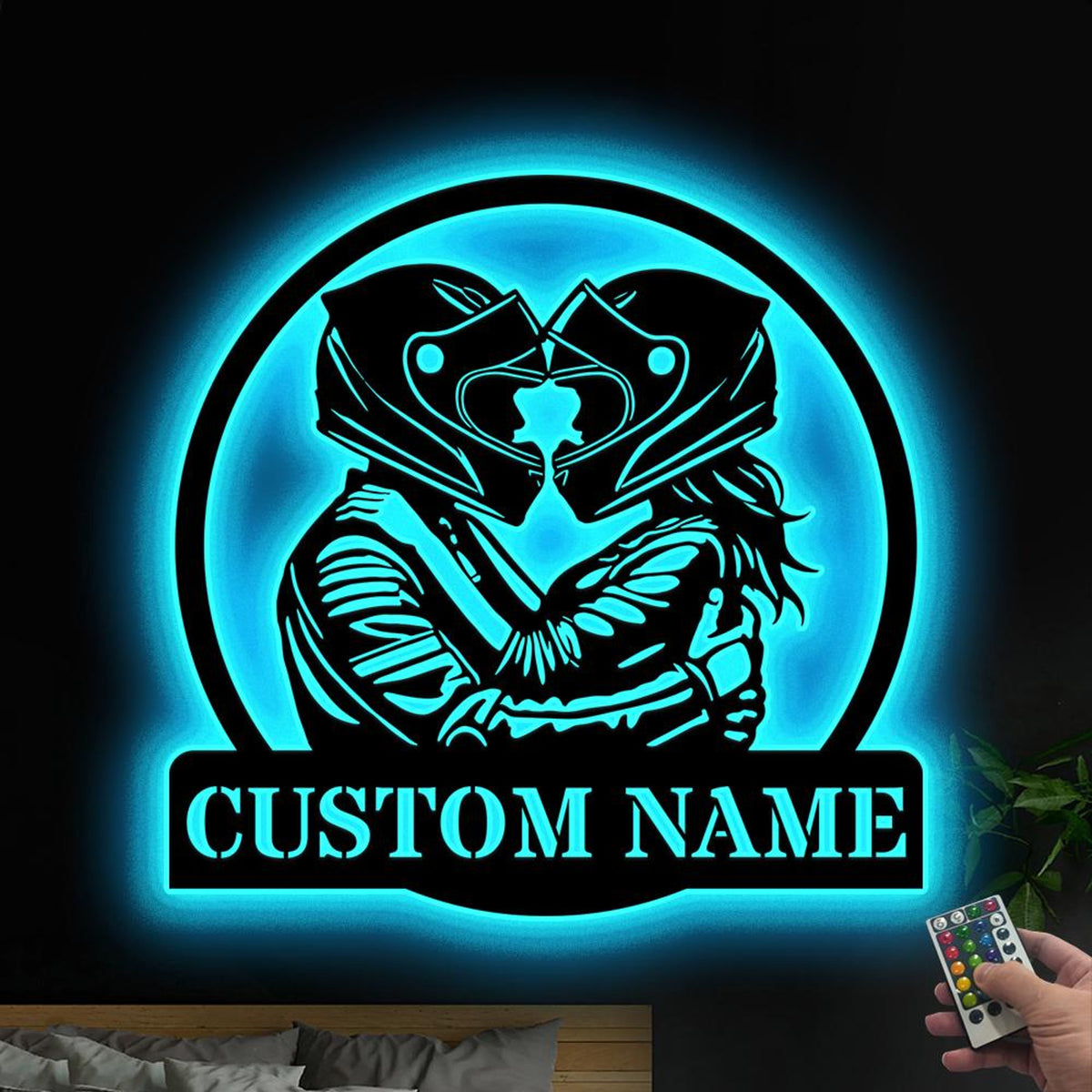 Custom Romantic Biker Couple Metal Wall Art with Led Lights, Couple Motorcycle Sign, Couple Biker Name Sign Christmas Gift