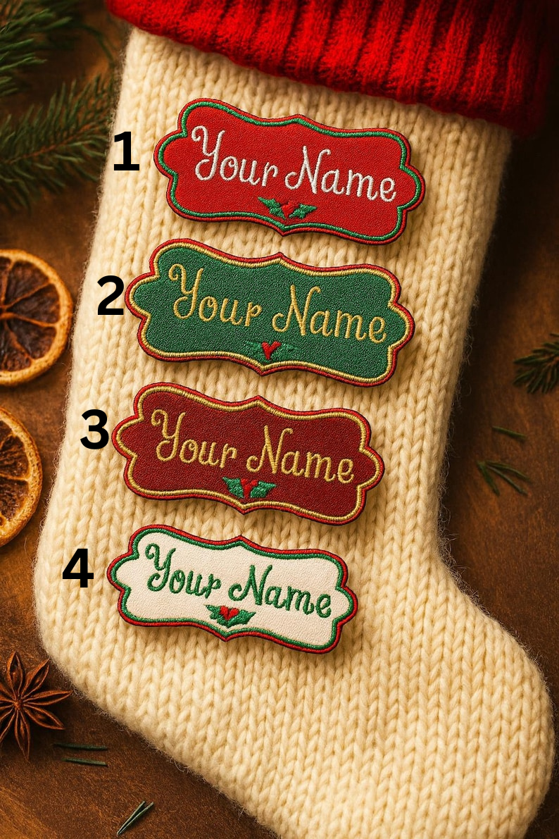 Christmas Stocking NAME PATCH - Custom Personalized Iron On or Sew On Patch, Embroidered Applique Patch, Festive Font, 1 Patch