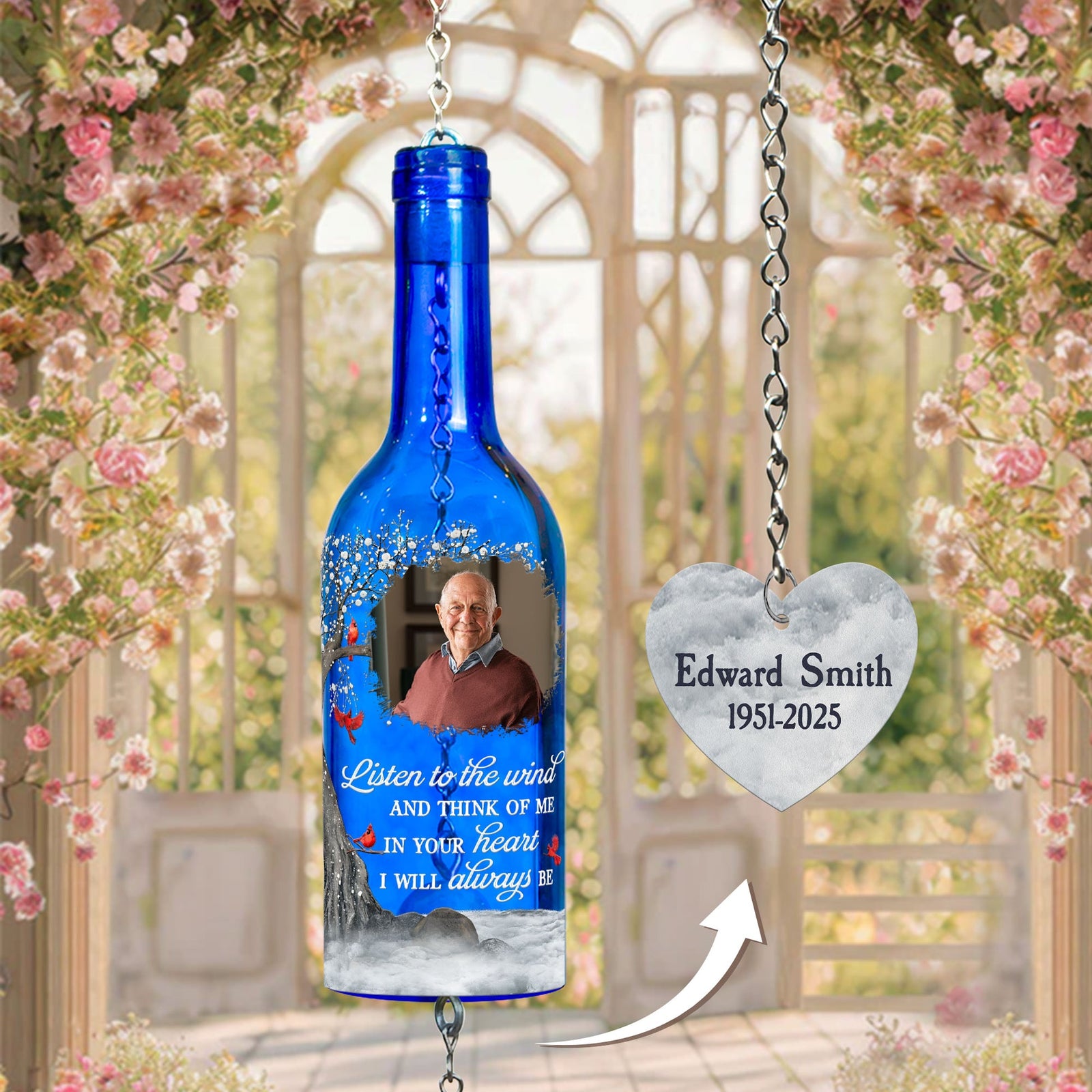 Listen To The Wind And Think Of Me Custom Memorial Photo - Personalized Wine Bottle Wind Chime - Memorial Gift