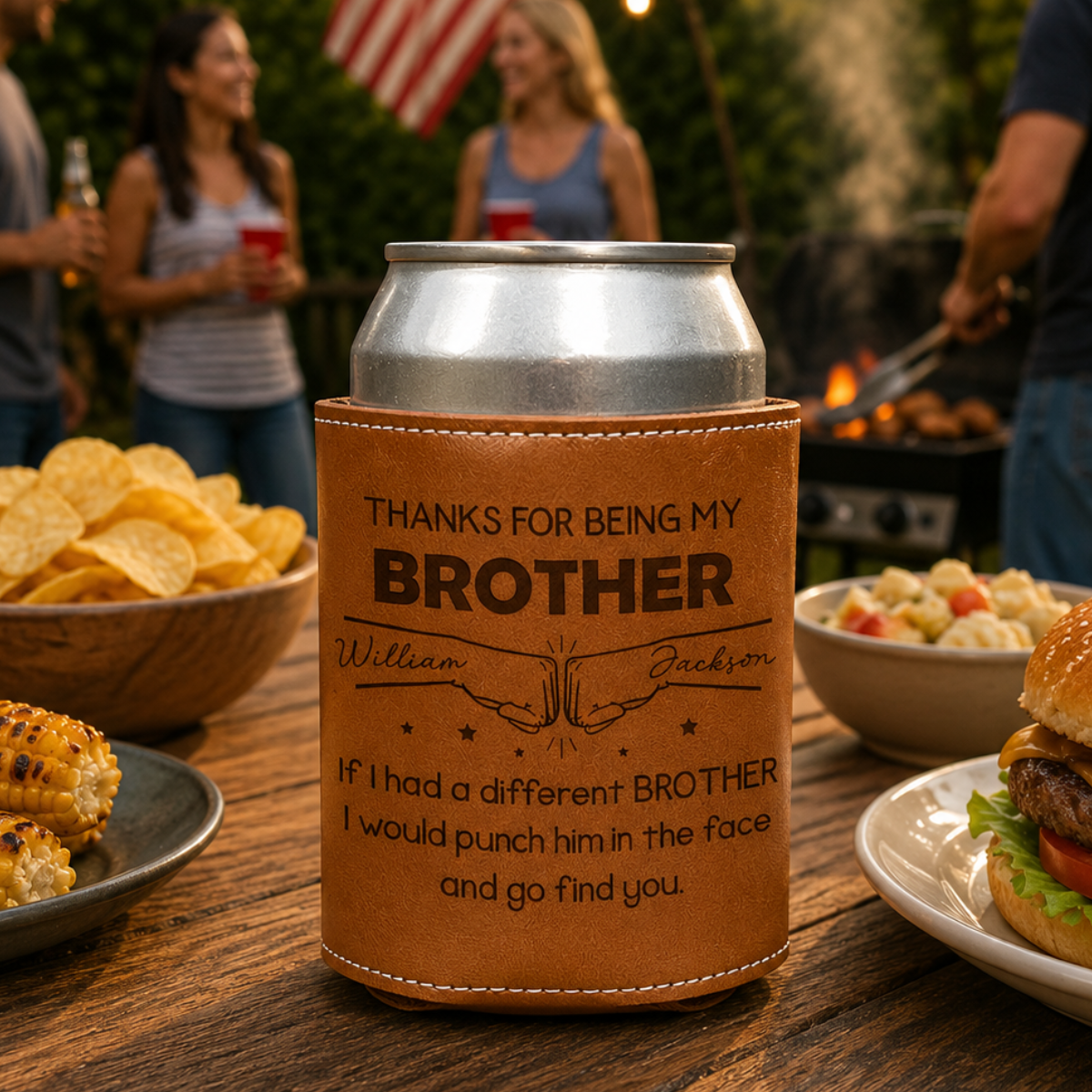 Thanks For Being My Brother - Personalized Leather Can Cooler - Gift For Brother