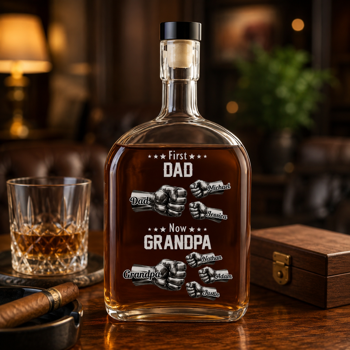 First Dad Now Grandpa Fist Bump - Personalized Whiskey Bottle - Gift For Grandpa, Daddy, Father's Day Gift
