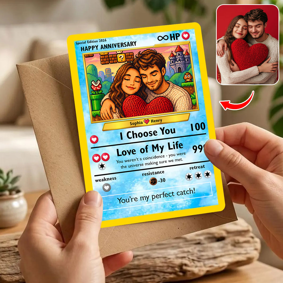Pixel Poke Art Card - Couples Photo Card, Gift for Him, Anniversary Gift, Couple Photo Wallet Insert, Couples Gift, Wedding Gift