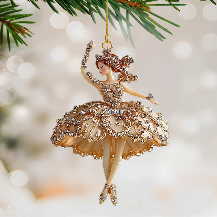 Personalized Elegant Ballerina Ornament With 3D Gold Glitter Effect, Ballet Christmas Tree Decoration, Nutcracker Dancer Gift