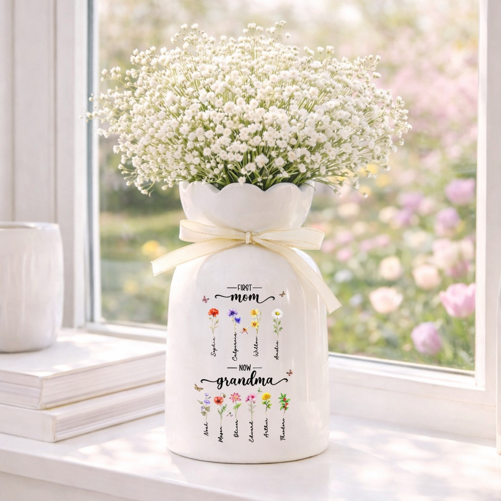 Custom First Mom Now Grandma Ceramic Bloom Vase, Mothers Day Gifts, Personalized Birth Flower Vase, Grandmas Garden Vase, Sentimental Gifts