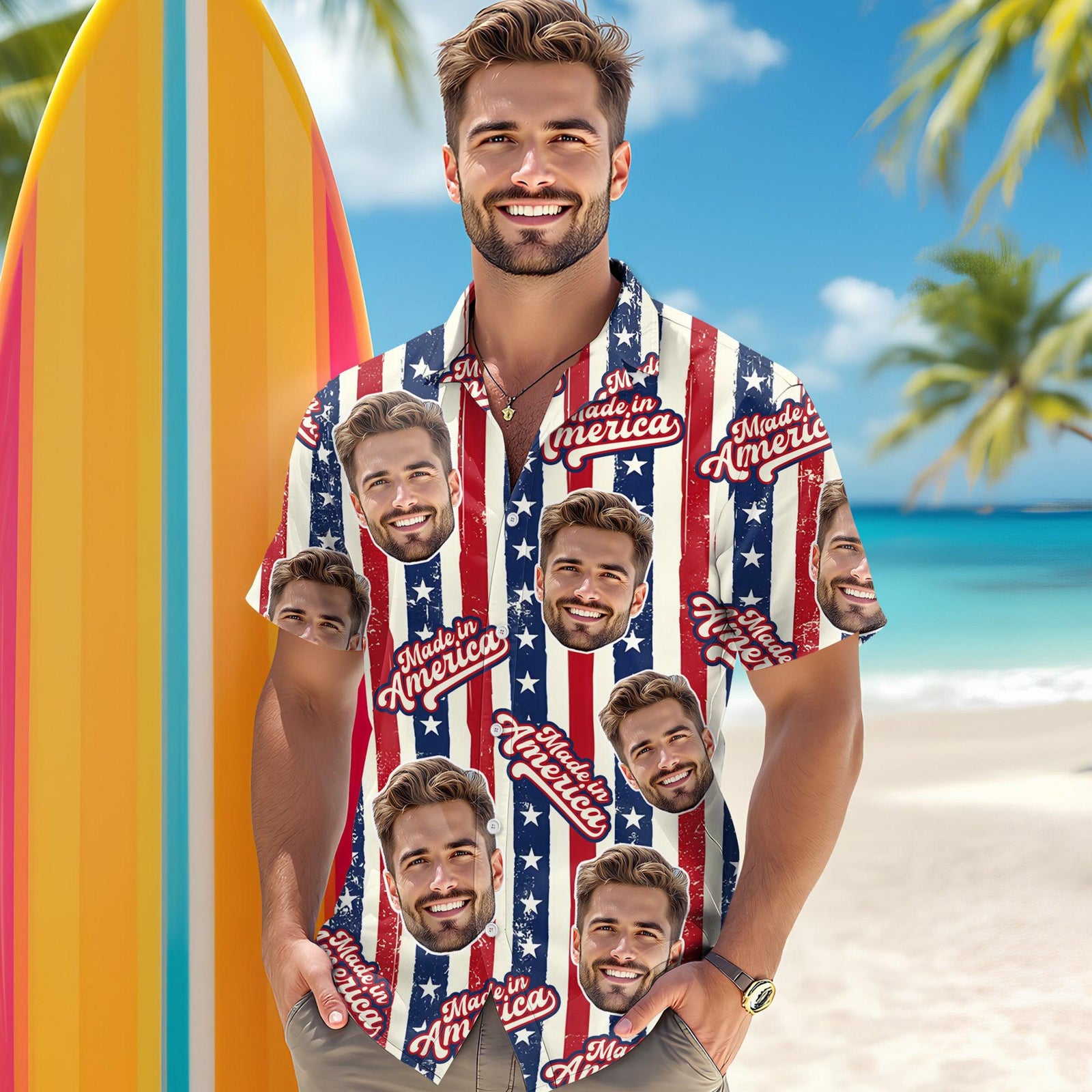 Custom Photo Made In America Hawaii Shirt, USA 250 Years Independence Apparel, Patriotic American Flag Pet Tee, Patriotic Freedom