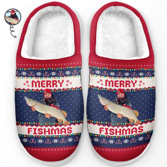 Custom Photo Merry Fishmas - Personalized Fleece Slipper - Christmas Gift For Fishing Lovers, Fisherman