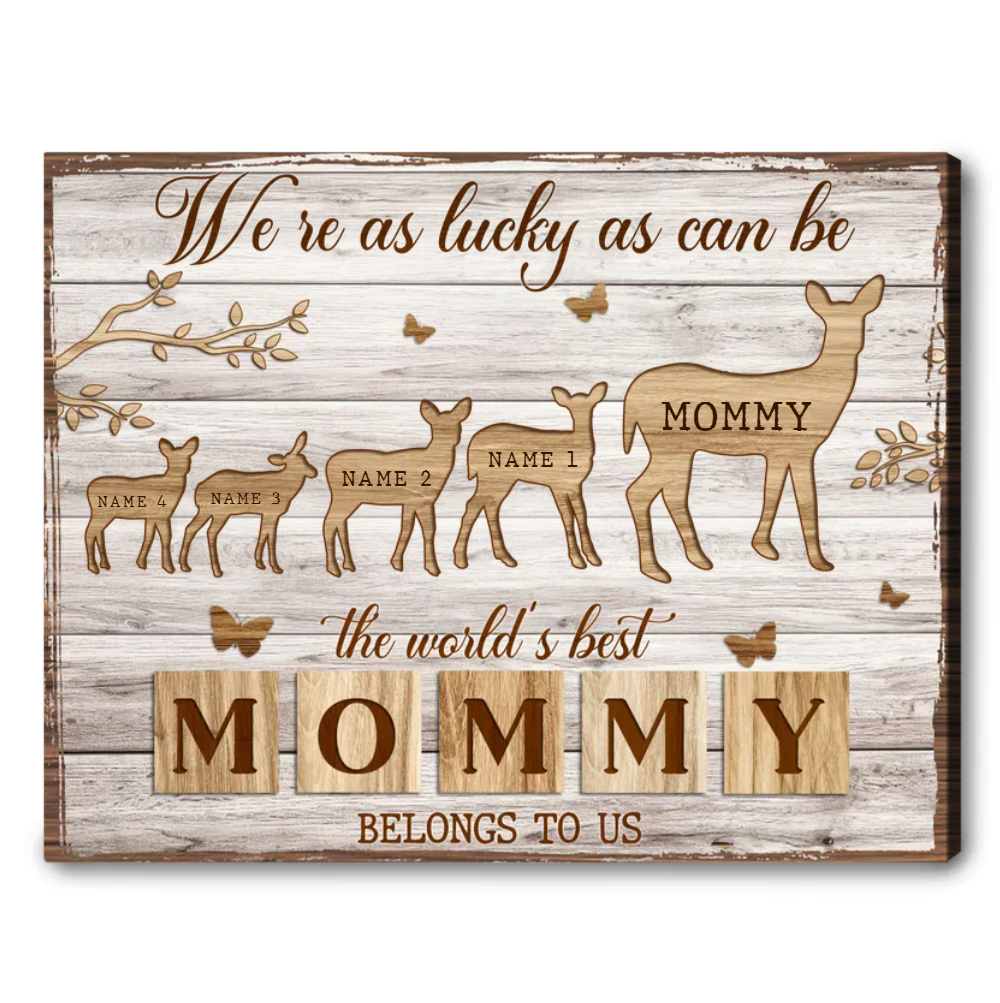 Mama Deer We're As Lucky As Can Be - Personalized Canvas - Gift For Mom, Mother's Day Gift