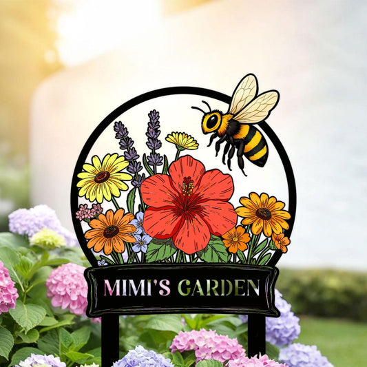Custom Bee Garden Sign with Stakes, Mother's Day Gift for Mimi, Bee Floral Yard Stake, Flower Bed Decor, Gardener Gift, Nana's Blessings