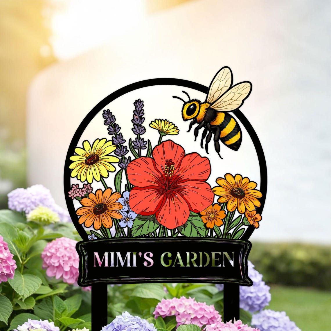 Custom Bee Garden Sign with Stakes, Mother's Day Gift for Mimi, Bee Floral Yard Stake, Flower Bed Decor, Gardener Gift, Nana's Blessings