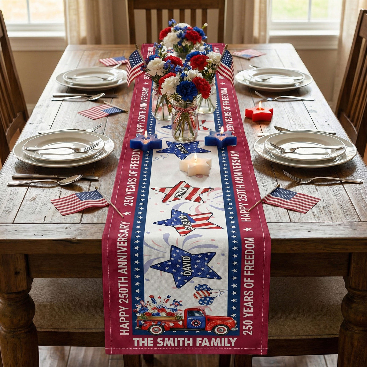 USA 250th Birthday Custom Name Patriotic Star - Personalized Table Runner - Patriotic Gift For Family, Independence Day, 4th Of July Family Decoration