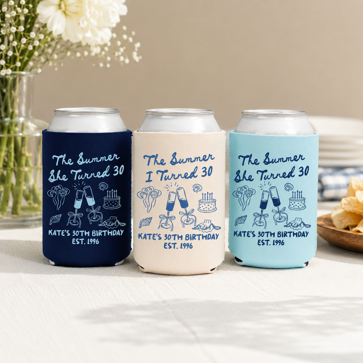 The Summer I Turned Thirty Birthday Can Coolers, 30th, 40th, 50th Birthday Personalized Can Sleeves, Beach Coastal Birthday Party Favors