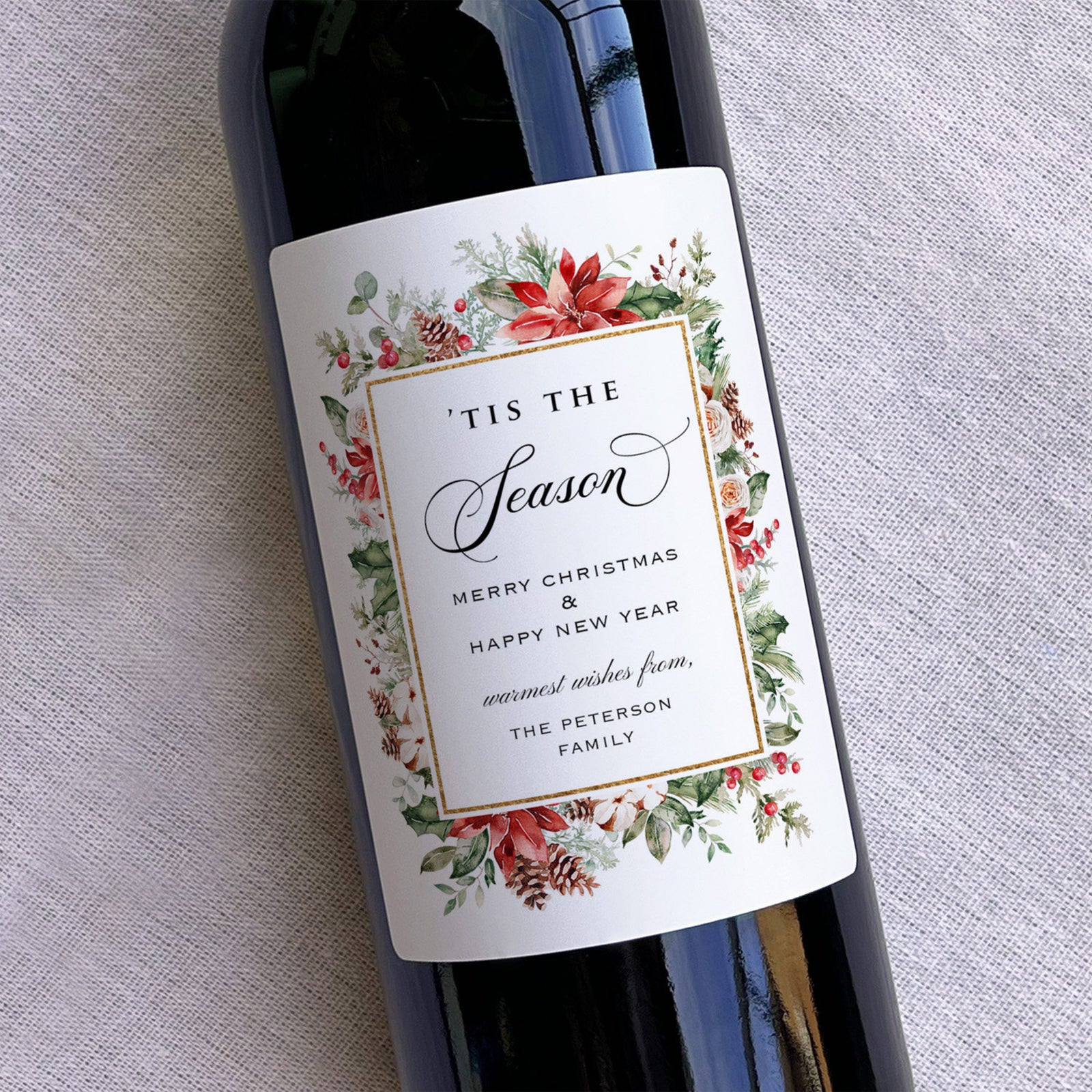 Custom Holiday Wine Champagne Bottle Labels, Personalized Winter Floral Christmas Stickers, 'Tis The Season Merry Christmas Wine Gift