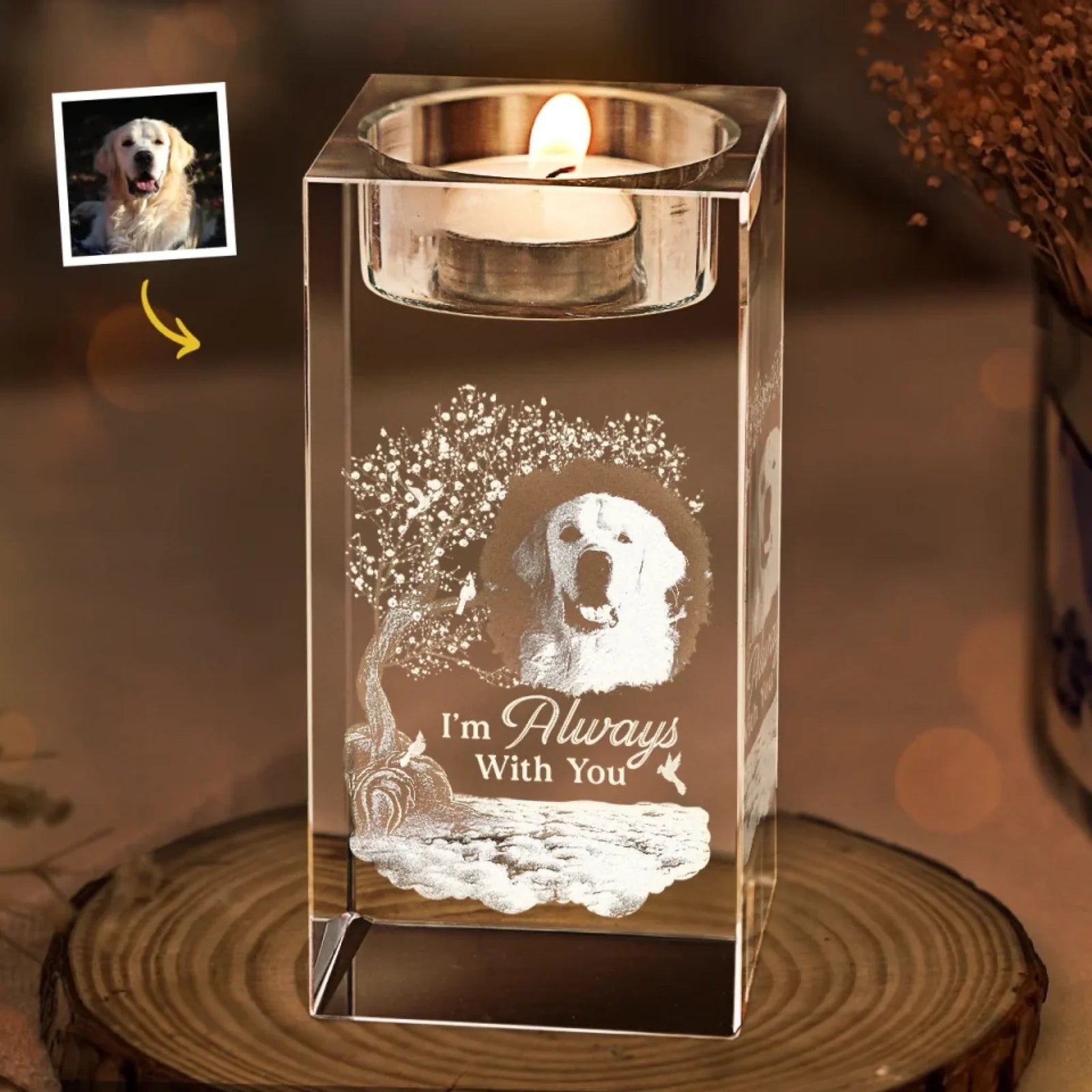 I'm Always With You Custom Pet Photo - Personalized Crystal Candle Holder - Pet Memorial
