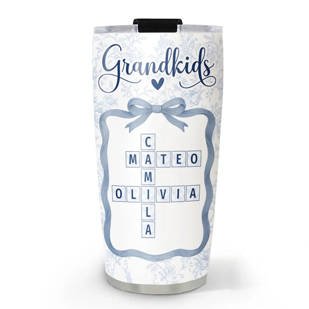 Grandkids Toile De Jouy Crossword - Personalized Tumbler - Gift For Grandma