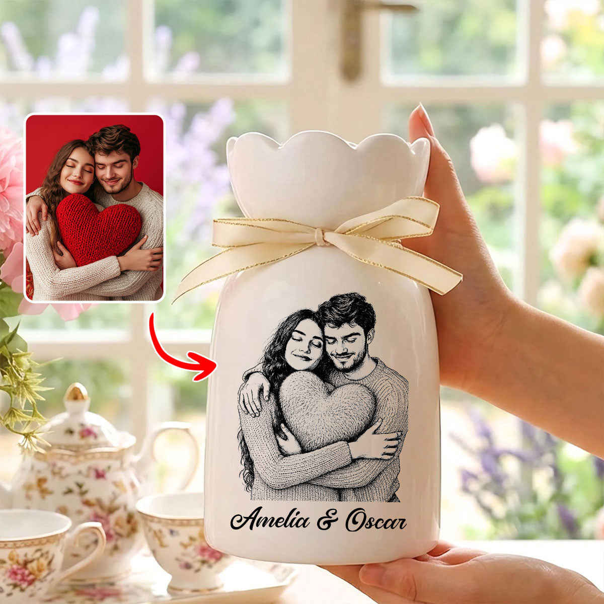 Custom Line Portrait Flower Vase, Personalized Ceramic Flower Vase with Couple Photo Drawing, Wedding Anniversary