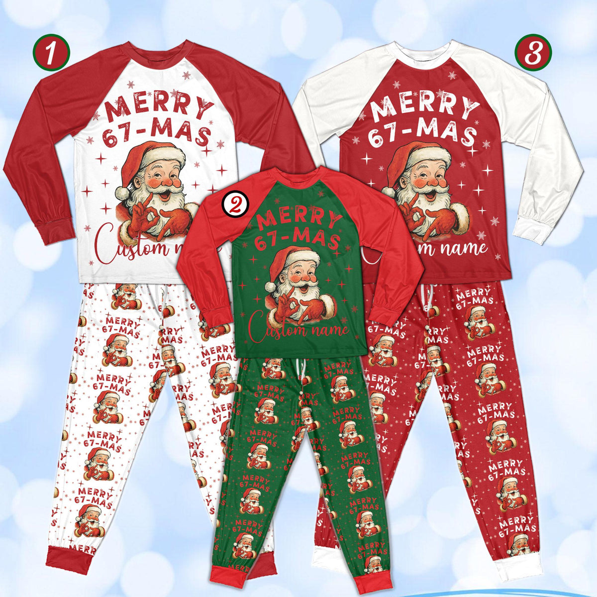 Personalized 6 7 Santa Christmas PJs, Custom Name Merry 67-Mas Meme Pajamas, Holiday Joke Gift Set, Funny Six Seven Pajamas for Kids Adults