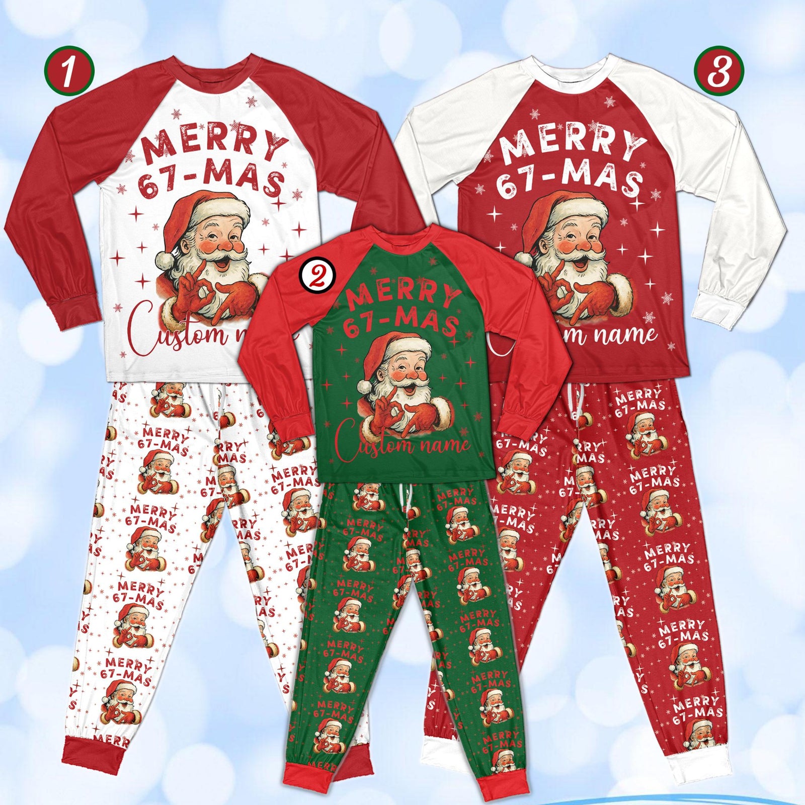 Personalized 6 7 Santa Christmas PJs, Custom Name Merry 67-Mas Meme Pajamas, Holiday Joke Gift Set, Funny Six Seven Pajamas for Kids Adults