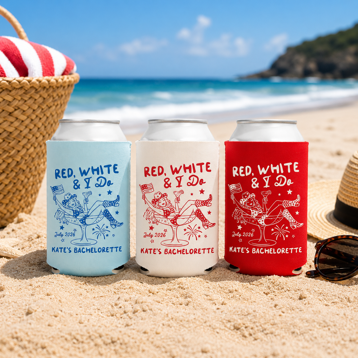 Red White And I Do Bachelorette Can Coolers - Custom 4th of July Bachelorette Party Favors - Personalized Cozies