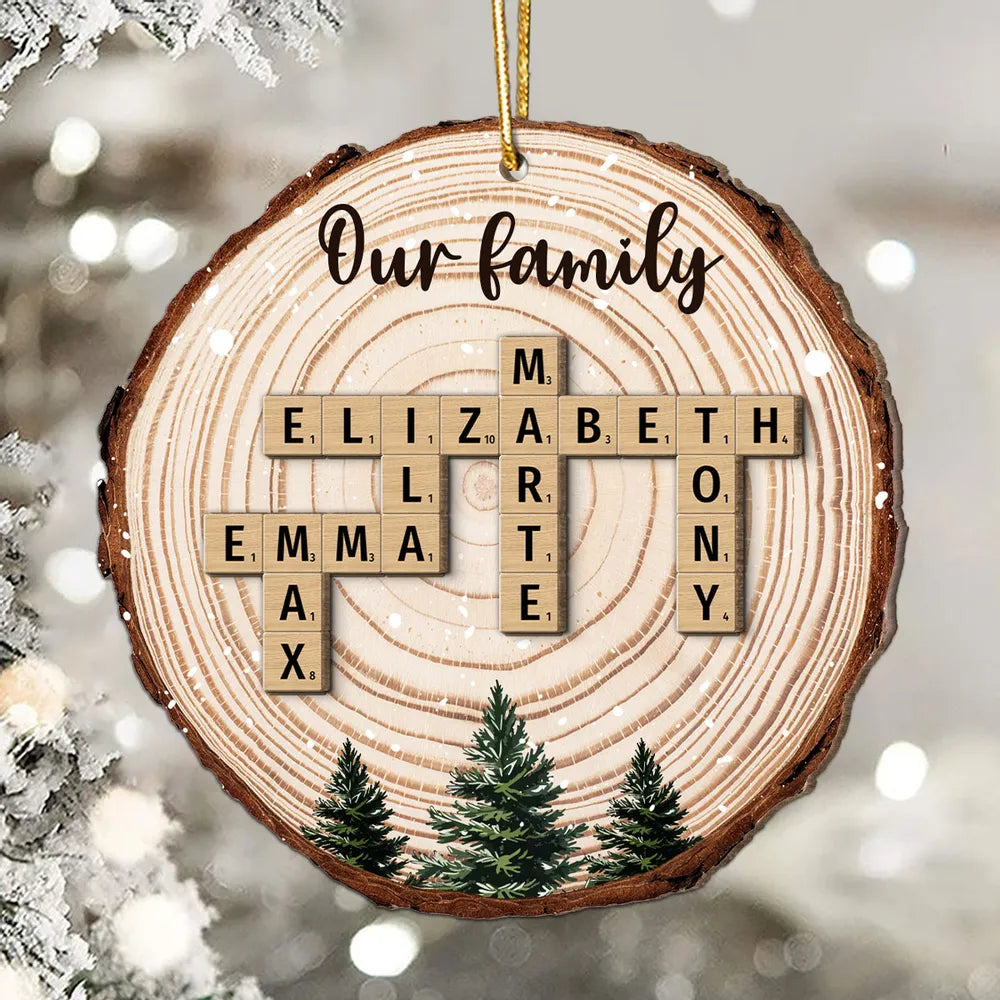 Christmas Tree Wood Pattern Family Names Puzzle Crossword - Personalized 2-Layer Wooden Ornament - Christmas Gift For Family
