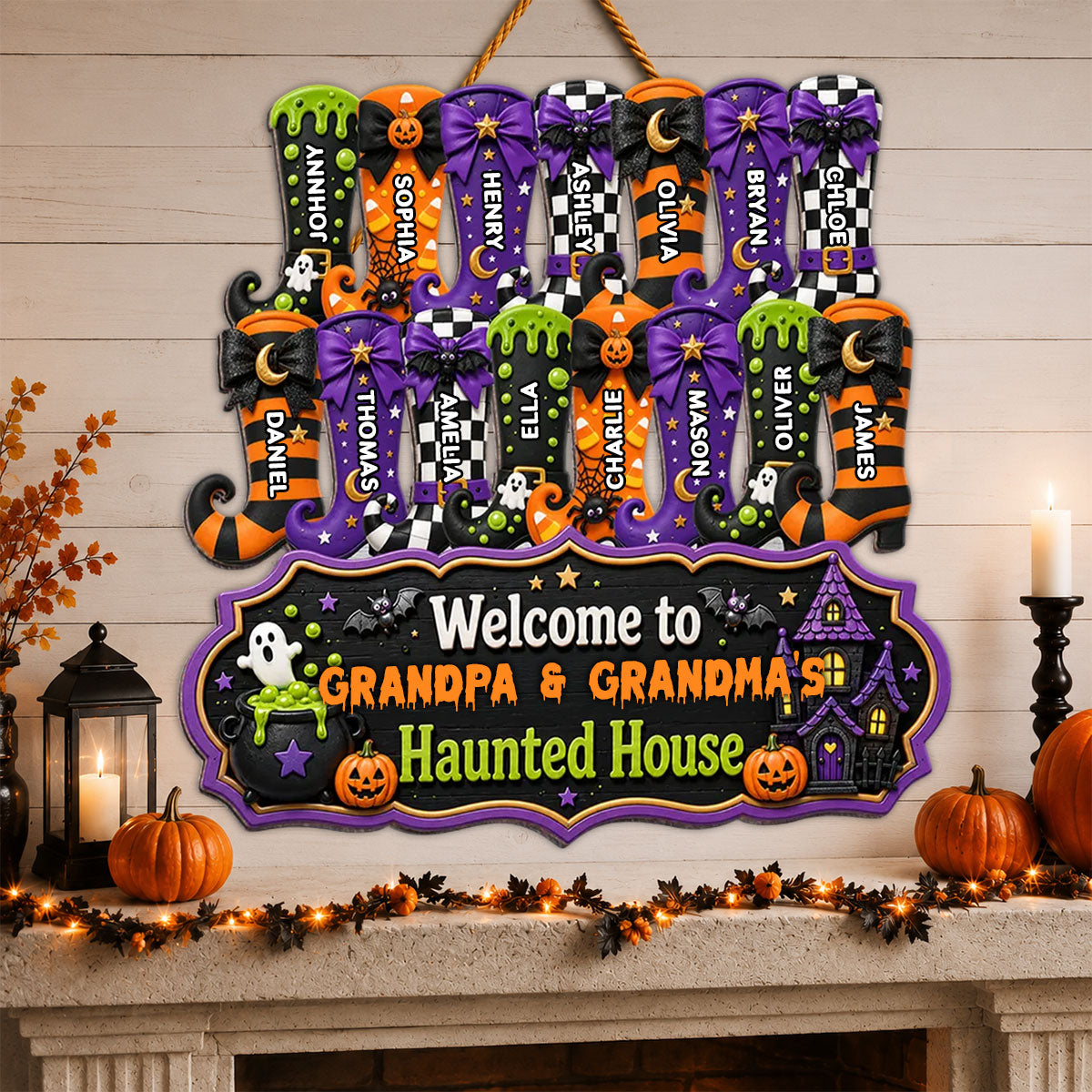 Whimsical Halloween Welcome To Grandma Grandpa Haunted House Witch Boots - Personalized Wood Sign - Halloween Decoration For Grandparents