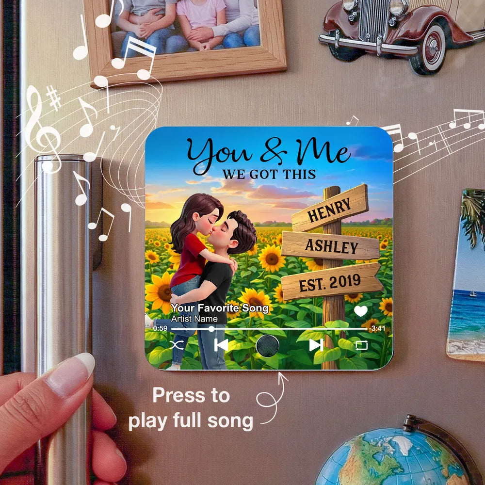 Sunflower Kissing Couple - Personalized Music Fridge Magnet - Anniversary Gift, Valentine's Day Gift For Couple
