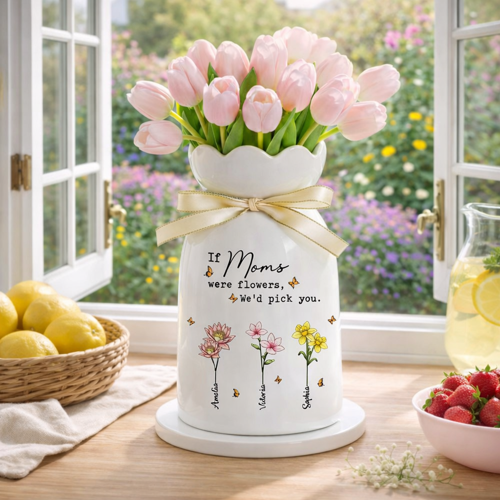 Personalized Mom Garden Ceramic Vase, Custom Birth Flower Vase for Mom, Grandma Garden Vase, Mother's Day Gift for Mom, Nana Gift