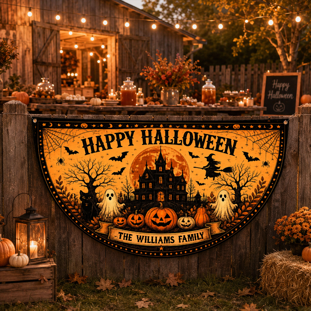 Personalized Happy Halloween Family Porch Banner Pumpkin Ghost Outdoor Fence Hanging - Spooky Haunted Mansion Personalized Porch Flag