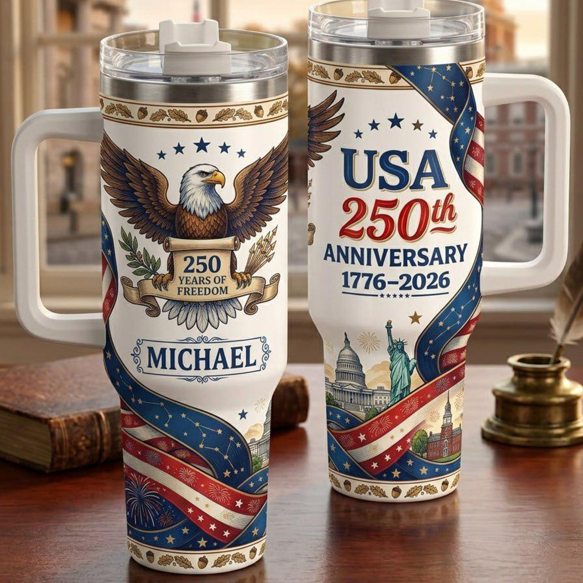 Personalized USA 250th Anniversary Tumbler, Custom Name 1776 2026 Cup, Patriotic Fourth of July Gift
