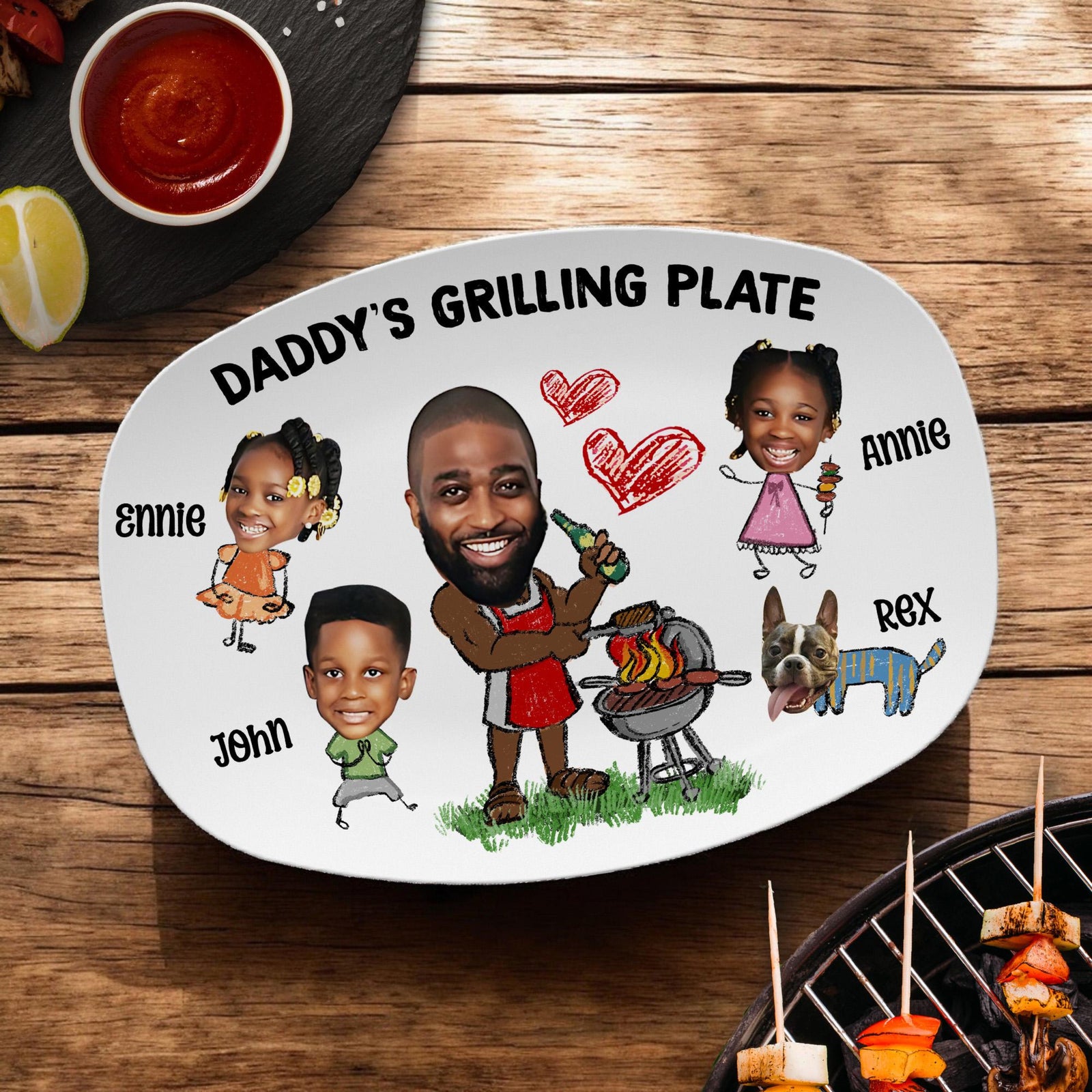 Personalized Daddy's Grilling Plate Gift - Custom BBQ Platter for Dad, Father's Day Present, Dad s Grill Plate With Kids Names & Face